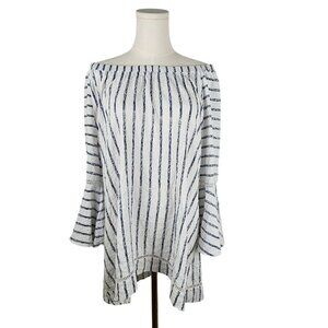 Ali Miles Striped Top Large Off-Shoulder White Navy Bell Sleeve Boho